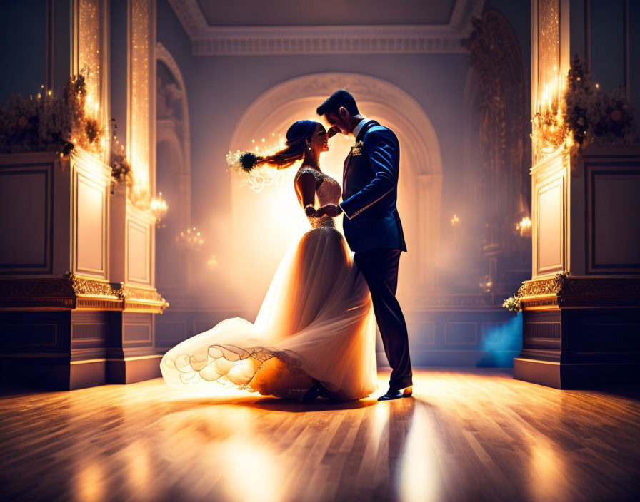 Silhouetted couple in wedding attire share intimate moment on dance floor