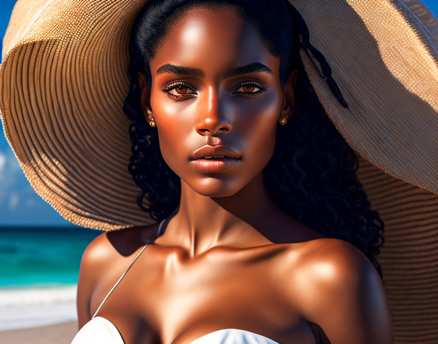 Dark-skinned woman in sun hat and off-the-shoulder top at beach.