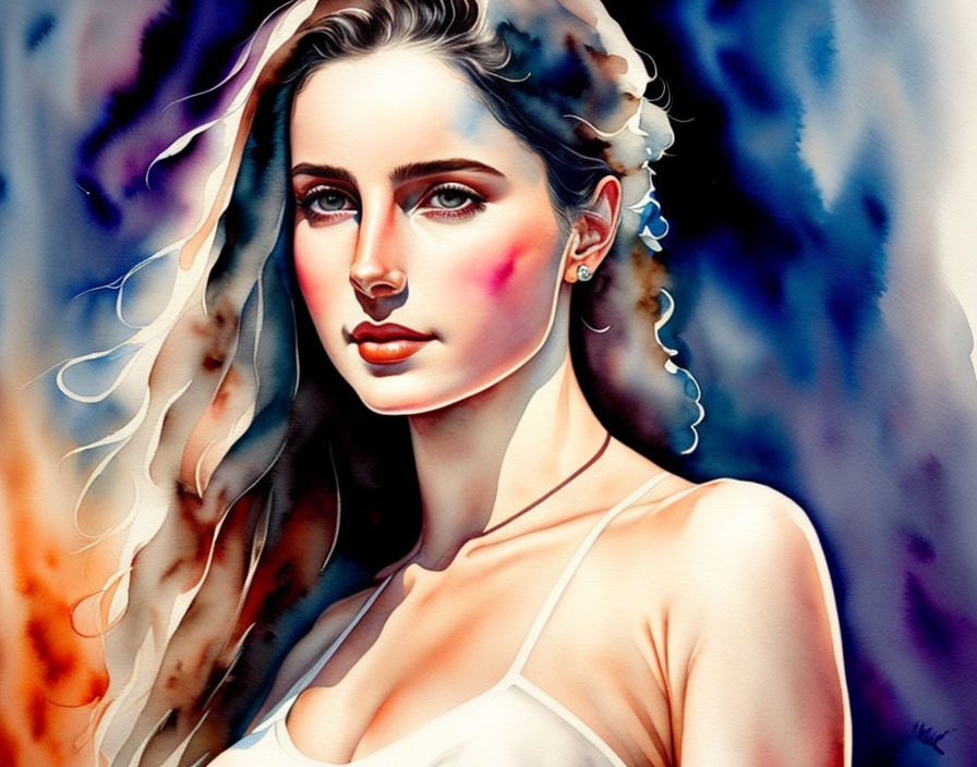 Colorful Watercolor Portrait of Woman with Blue Eyes