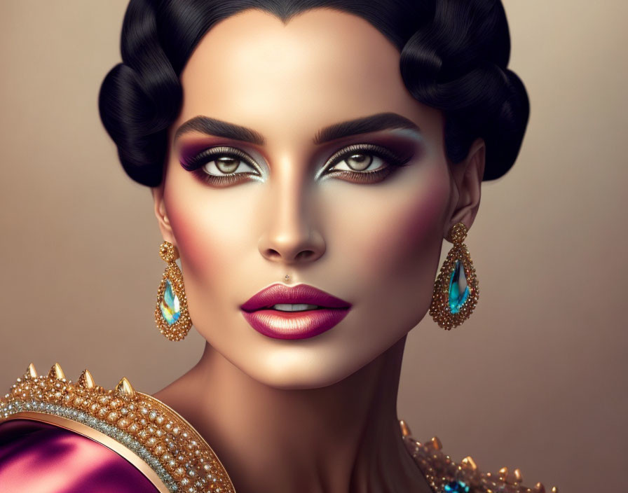 Digital Artwork: Woman with Dramatic Makeup and Elegant Earrings