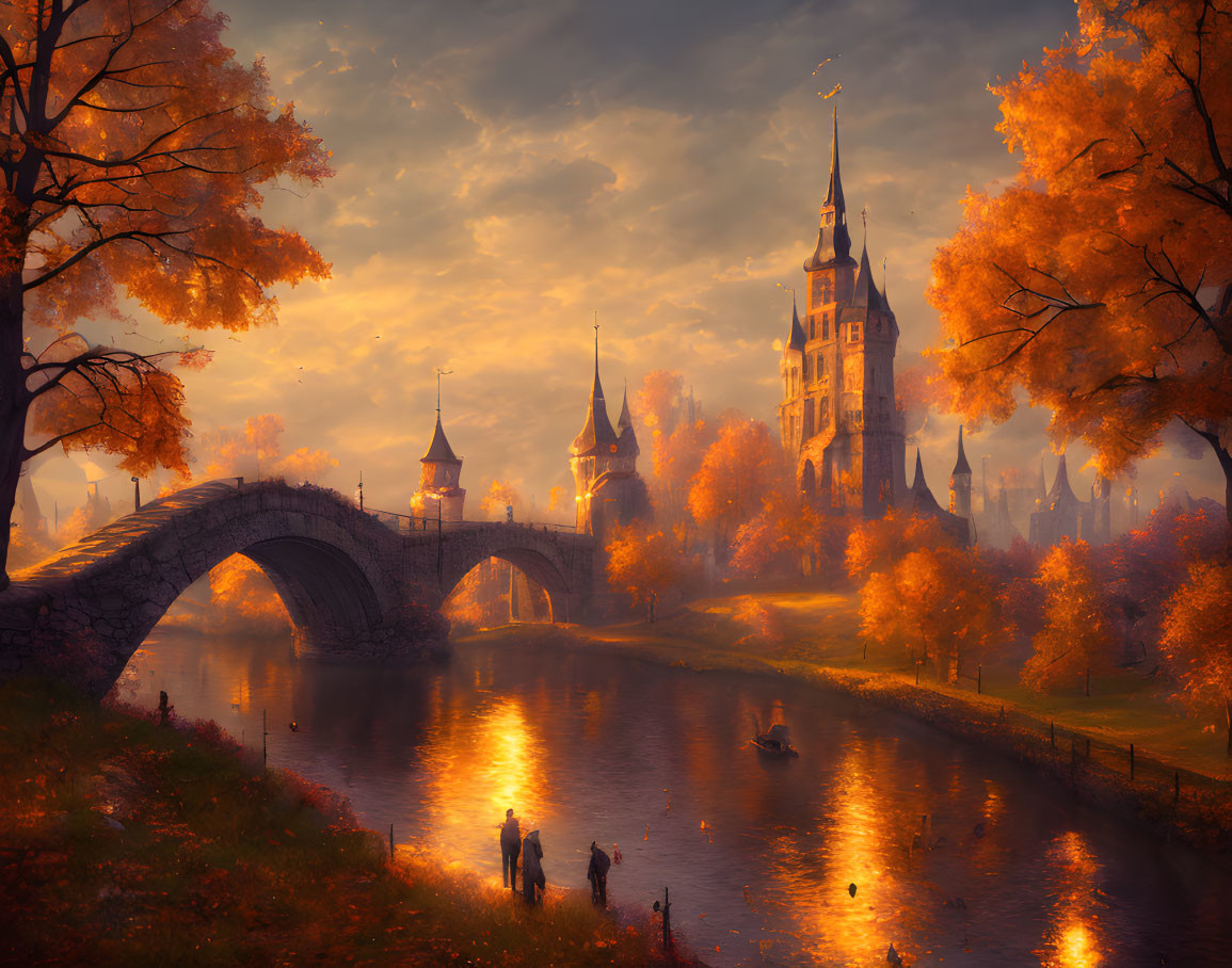 Fantasy autumn landscape with castle, bridge, river, fall trees, and people