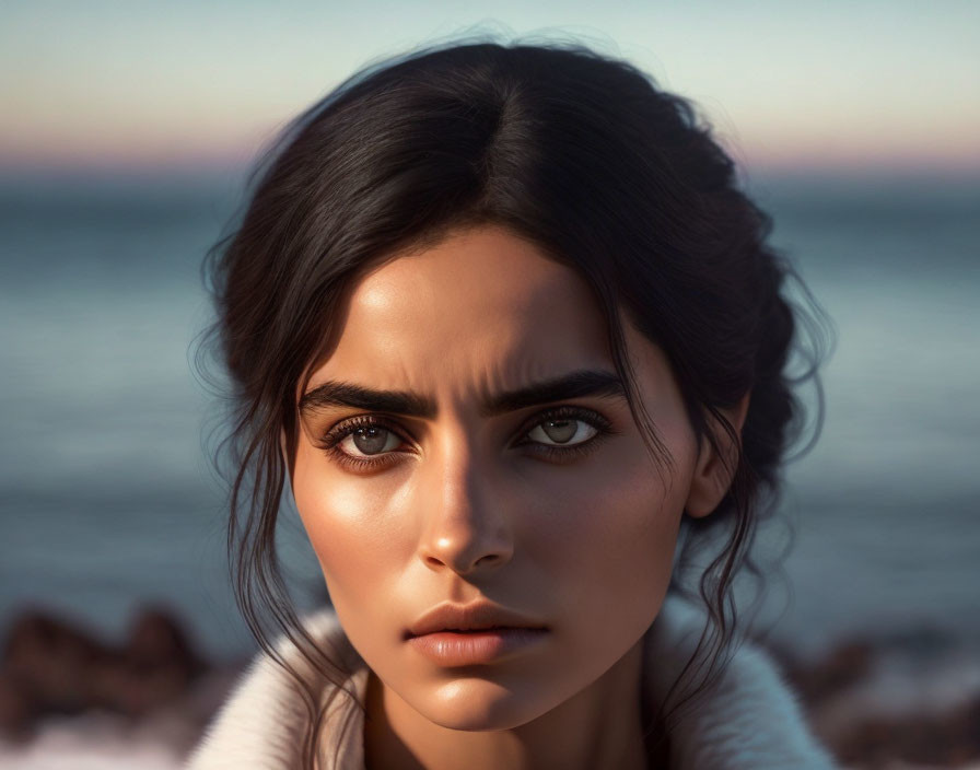 Woman with dark hair and intense brown eyes in white top by sea at sunset