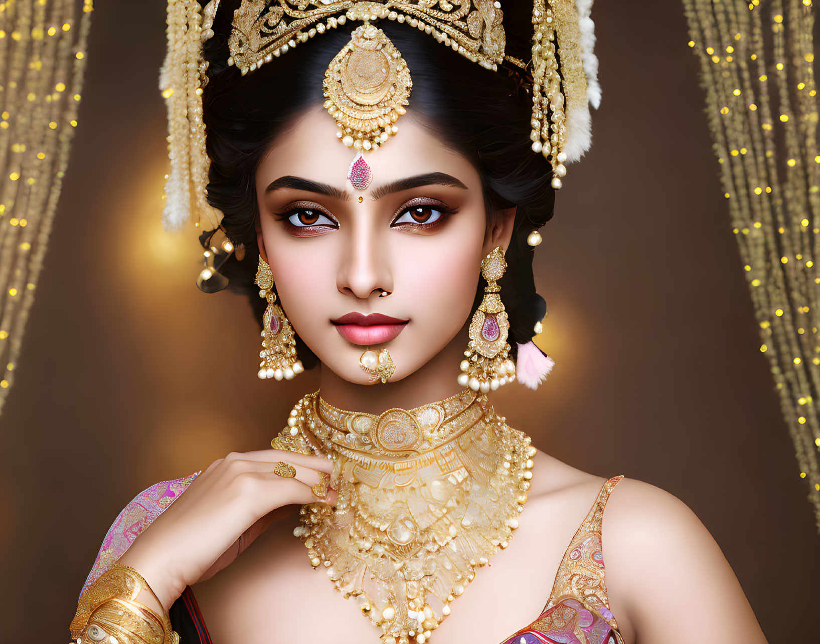 Traditional Indian bridal jewelry on elegant woman with maang tikka, necklaces, and henna designs