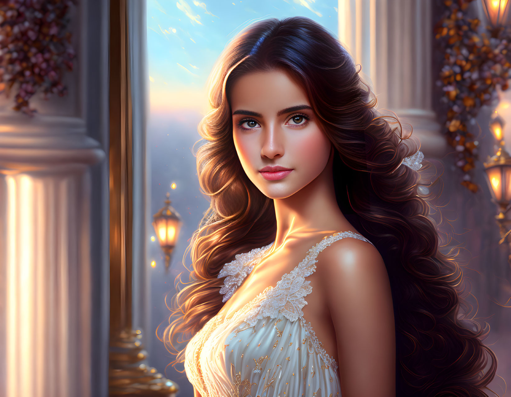 Illustrated portrait of woman in elegant dress against twilight backdrop