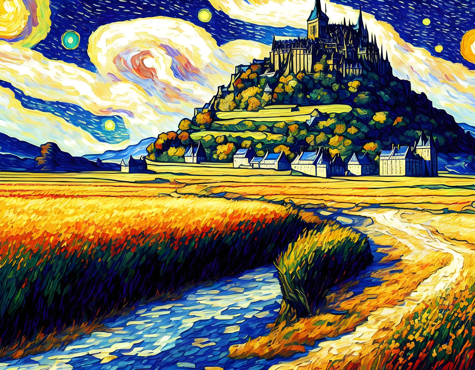 Colorful Van Gogh-style painting of castle on hill with swirling skies