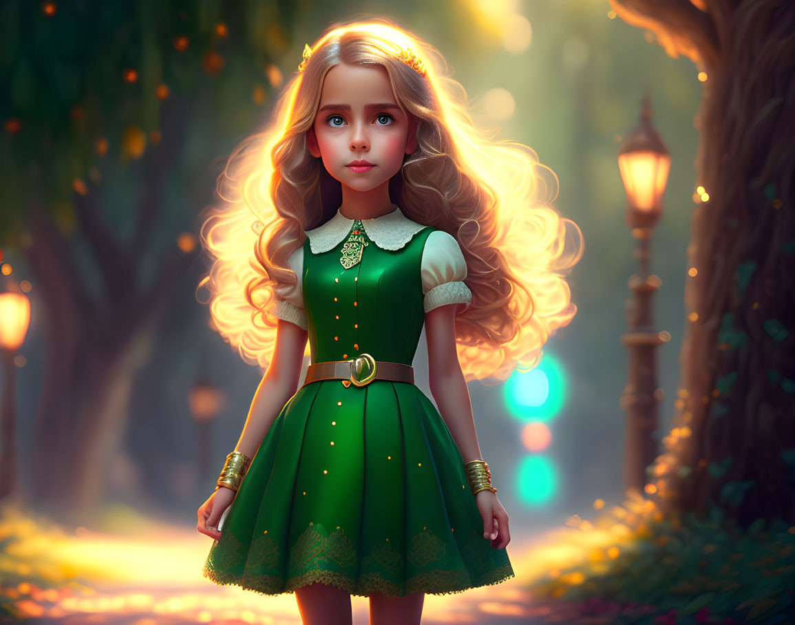 Young girl with curly hair in green dress in magical forest with glowing lanterns