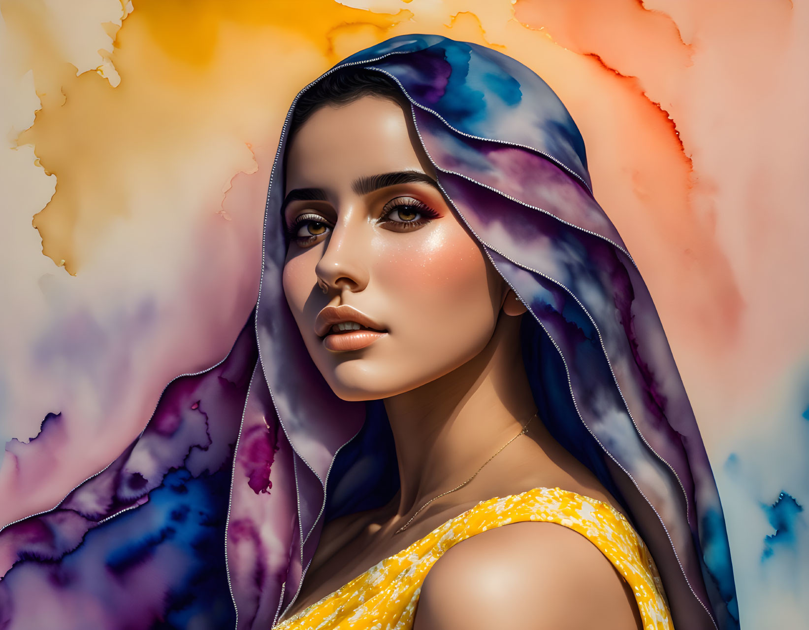 Colorful Scarf Woman in Vibrant Digital Art