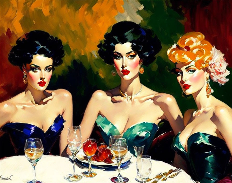 Elegantly dressed women with distinctive hairstyles and makeup at a glamorous table.