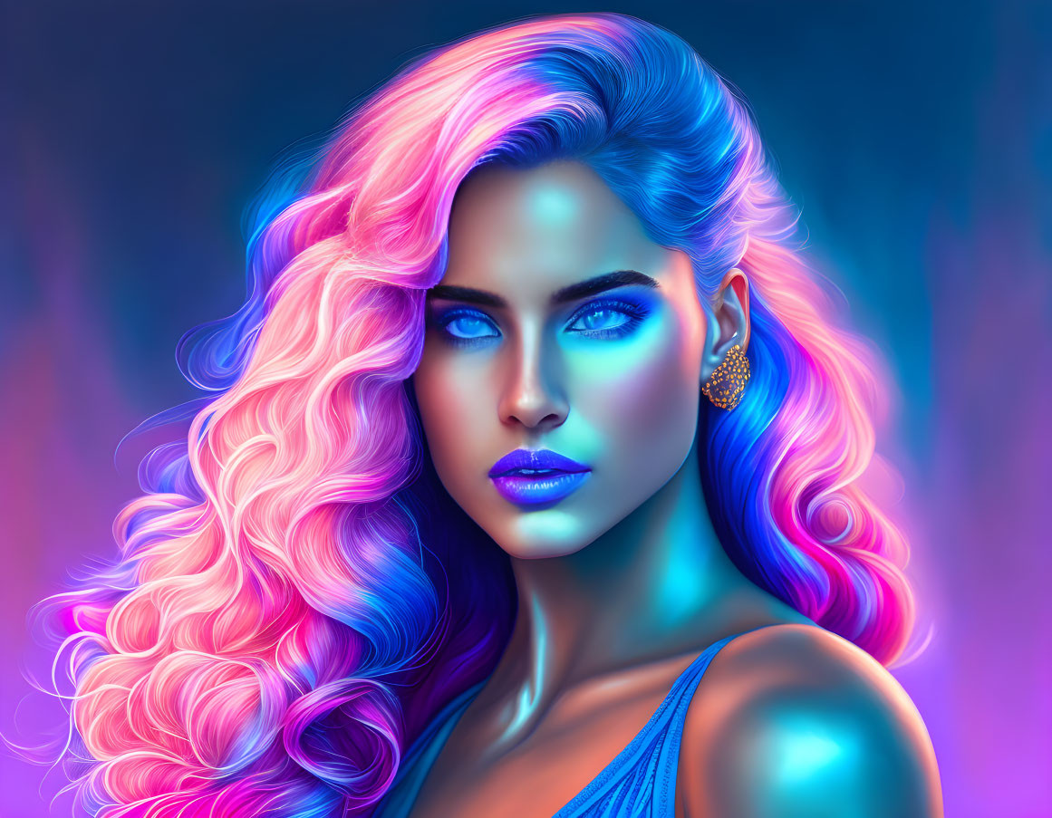 Vibrant digital portrait: woman with pink and blue hair, blue lips, and eyes on neon