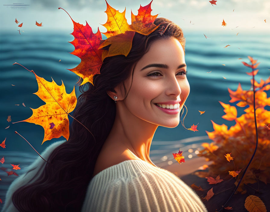 Smiling woman with autumn leaves by serene lakeside