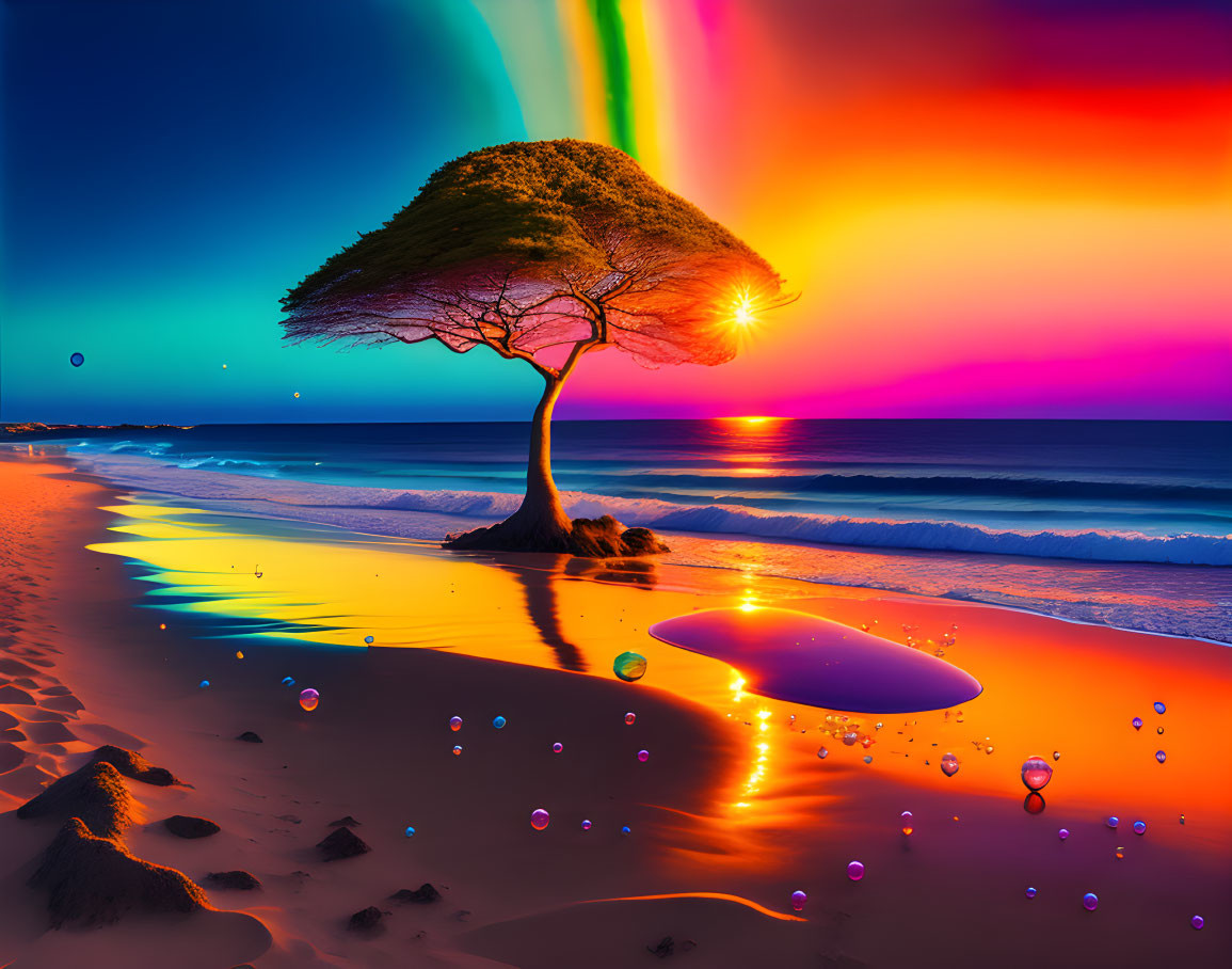 Colorful digital artwork: lone tree on beach with surreal sky