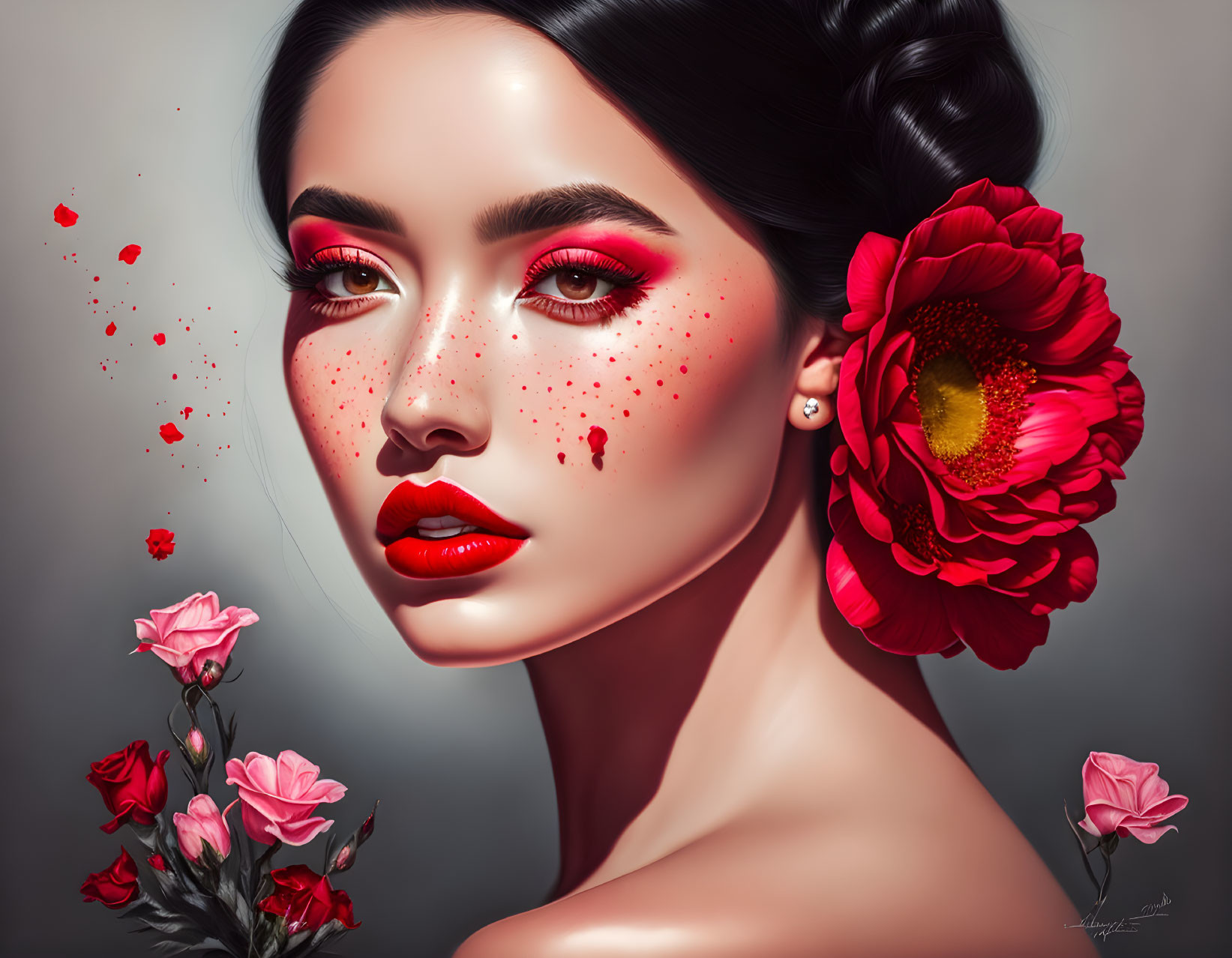 Vibrant red makeup portrait with flowers and artistic splatters