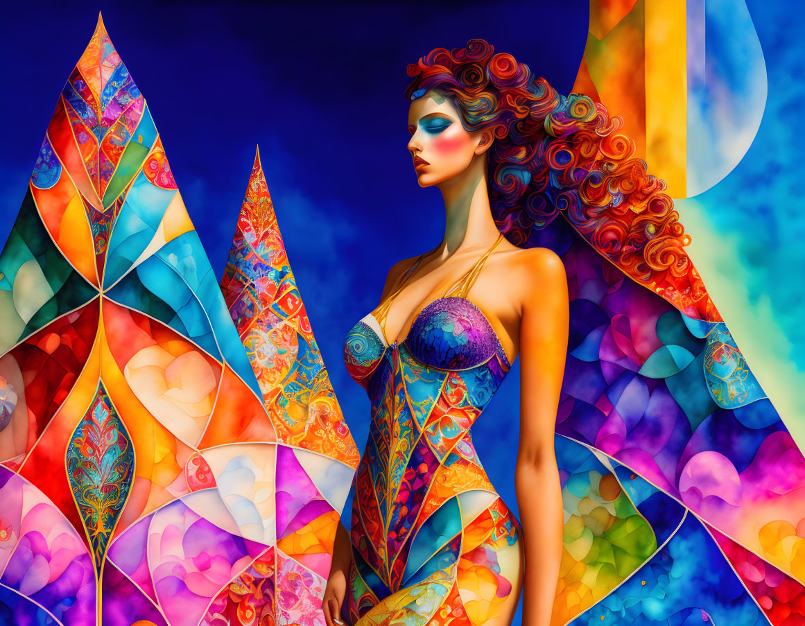 Colorful digital artwork: Woman with curly hair in kaleidoscopic patterns