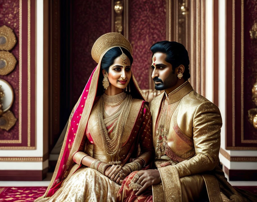 Traditional Indian Wedding Attire Couple in Gold Jewelry Against Luxurious Backdrop