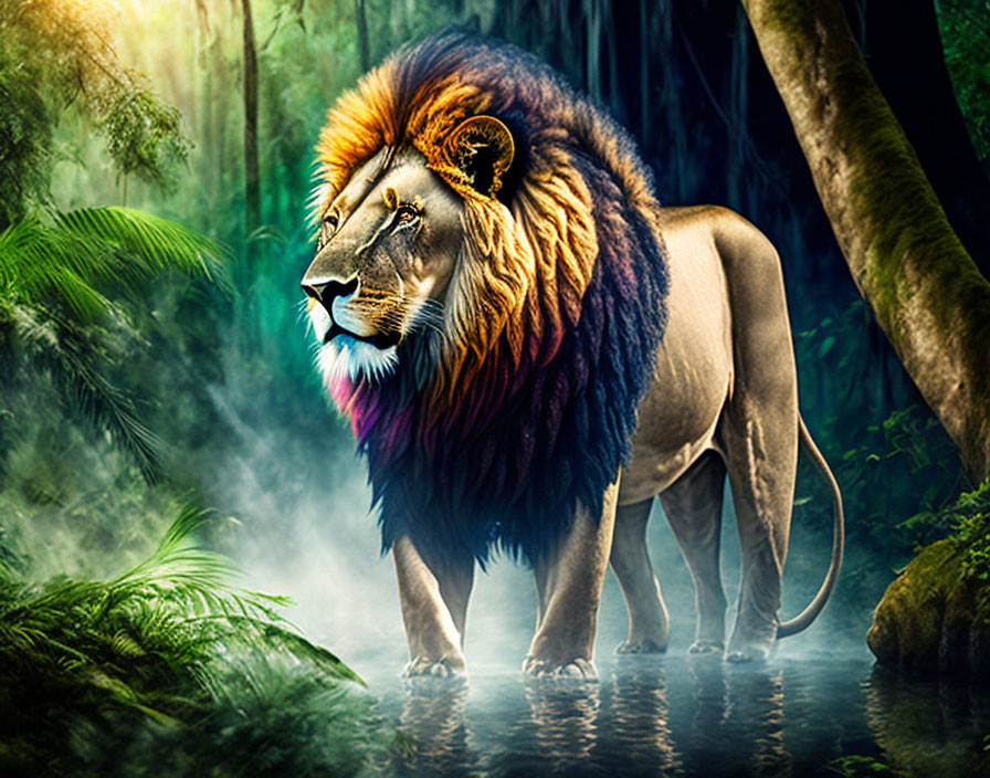 Colorful maned lion in mystical forest with piercing light rays