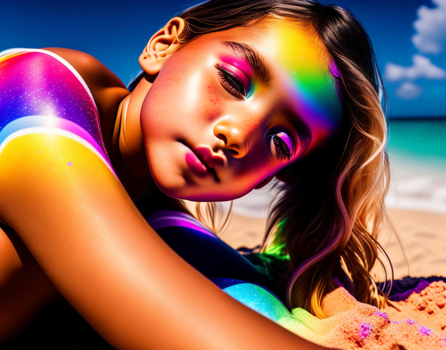 Colorful Makeup Young Girl Lying on Sunny Beach with Rainbow Reflection