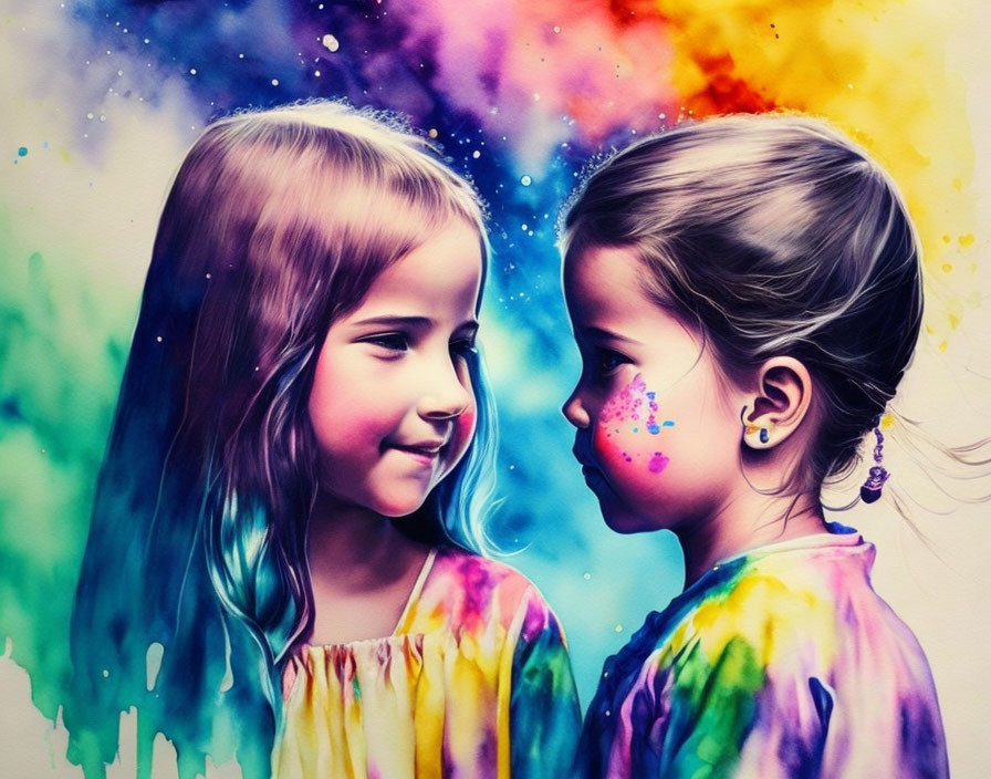 Colorful painted faces and clothing on two children against vibrant backdrop