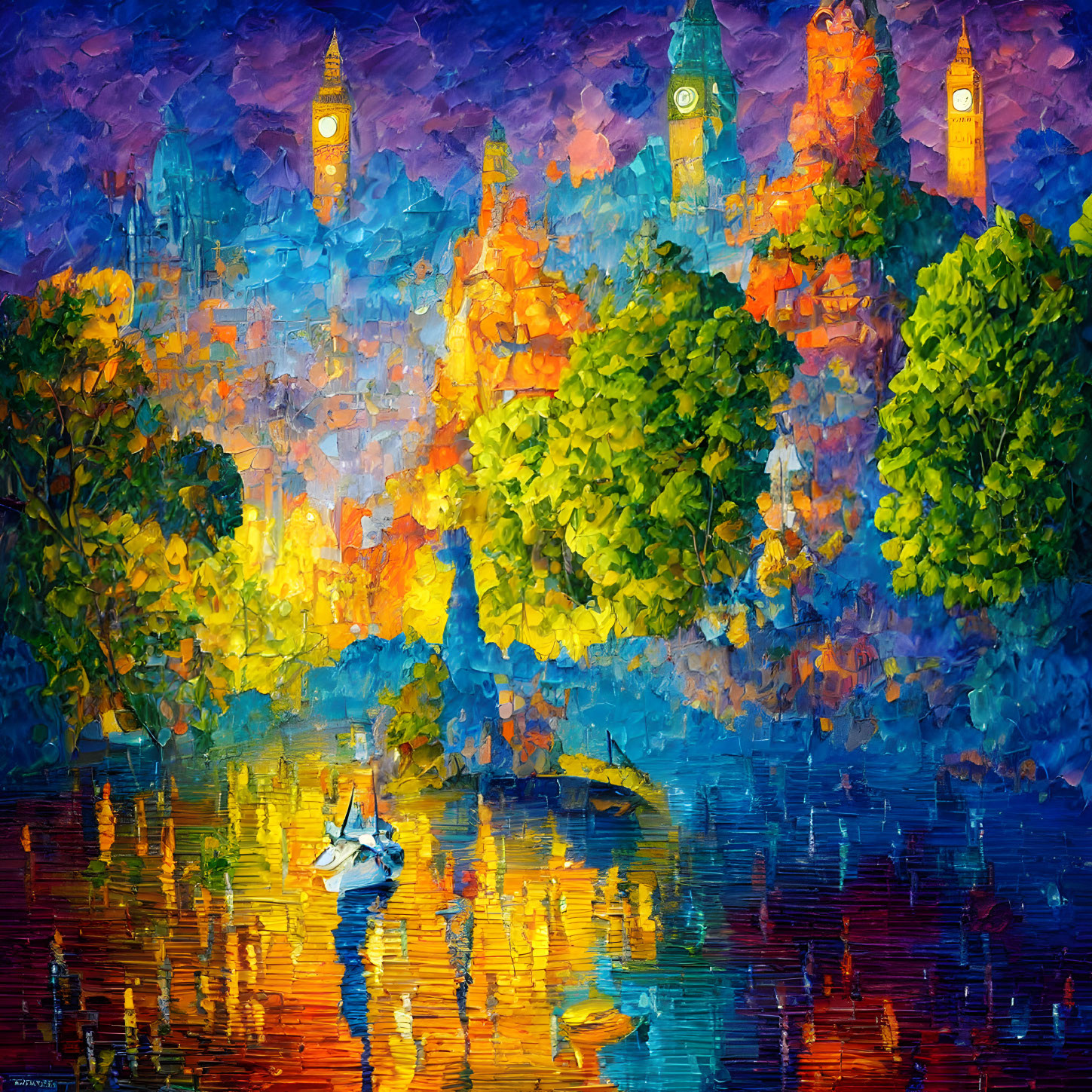 Cityscape at Dusk: Impressionist Painting with Water Reflections