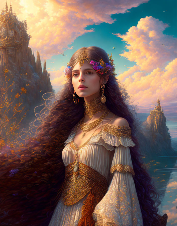 Regal woman in medieval attire with gold crown in coastal sunset scene