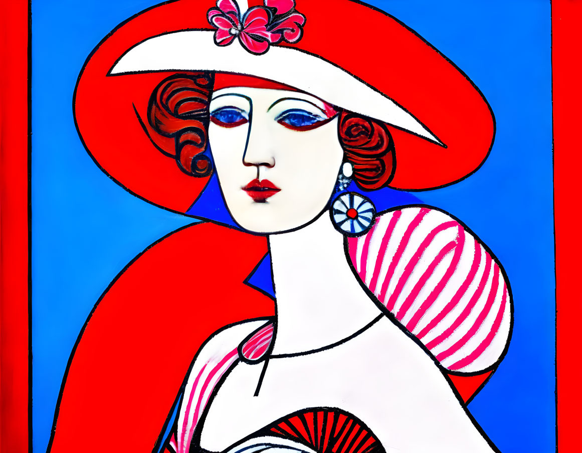 Stylized portrait of woman with red hair in large red hat on blue background