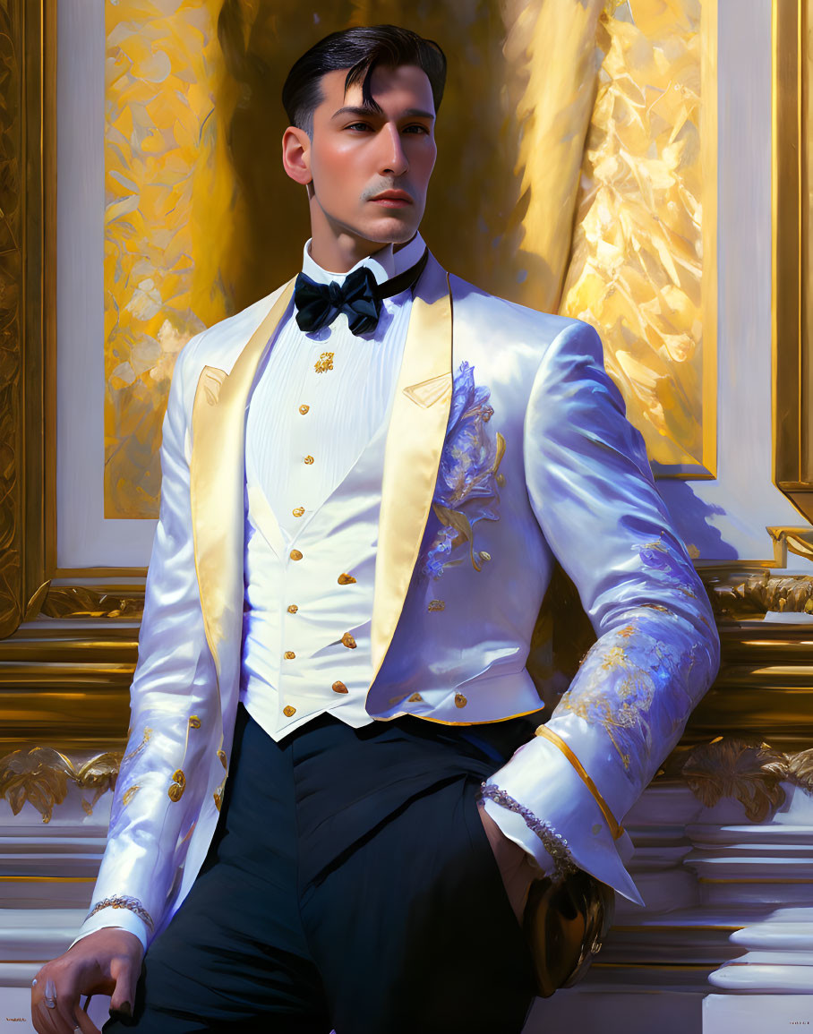 Luxurious White and Gold Embroidered Tuxedo on Man against Ornate Golden Background