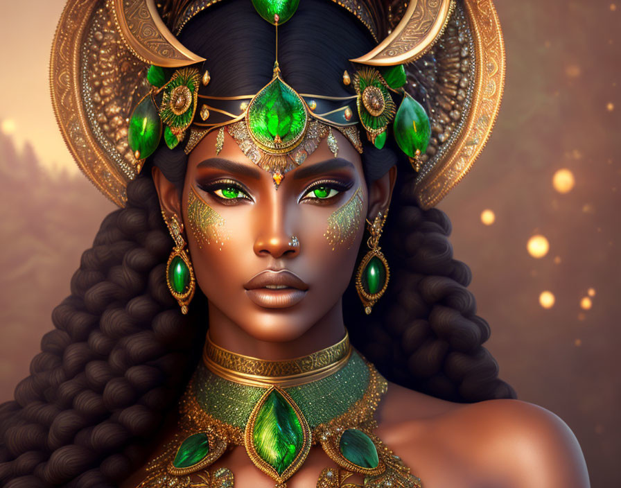 Digital artwork: Dark-skinned woman with green eyes, gold and emerald crown.