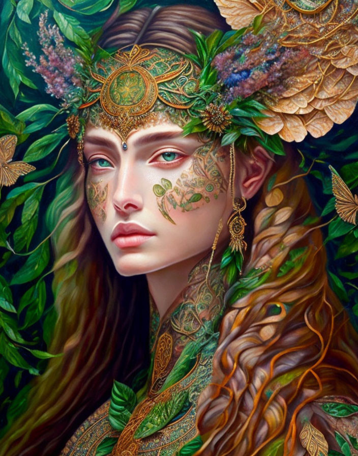 Mystical female figure with golden headdress in lush green setting