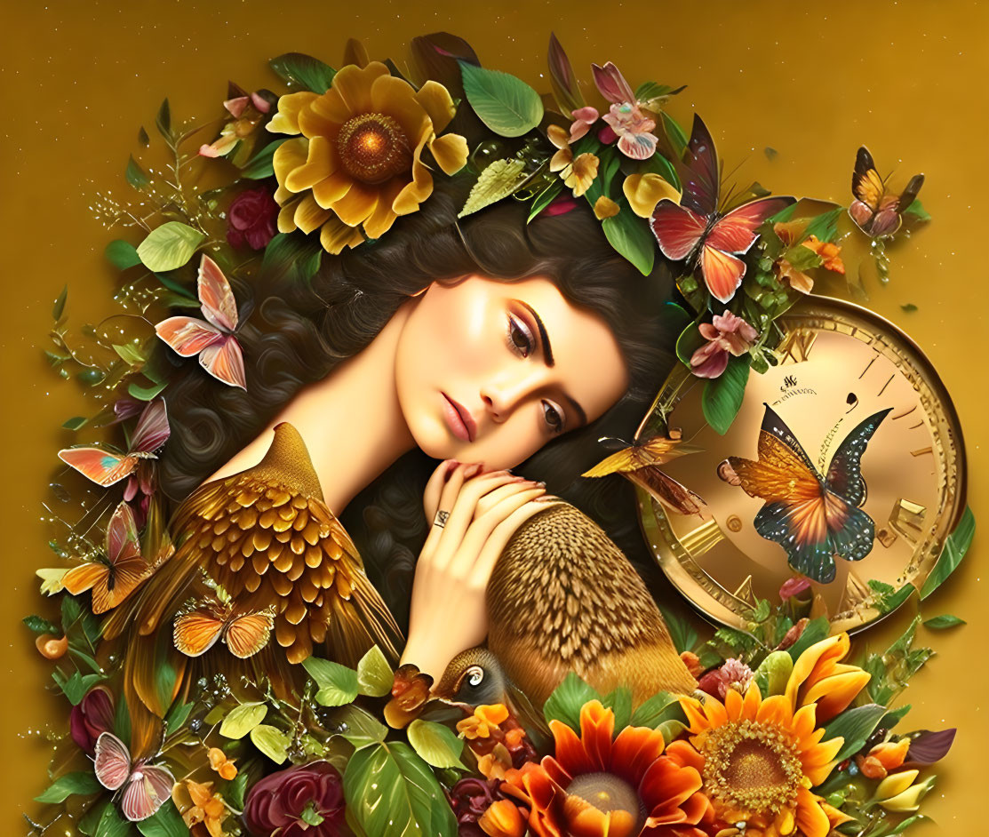 Digital art: Woman with dark hair, butterflies, flowers, clock