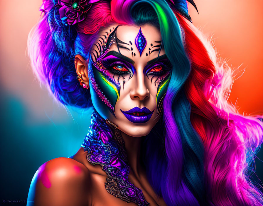 Colorful portrait of woman with artistic makeup and multi-colored hair