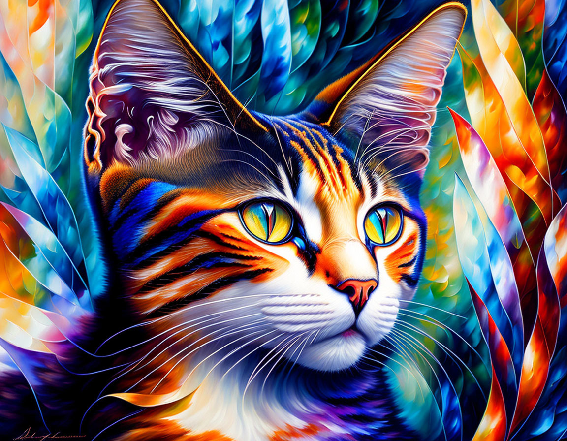 Colorful Cat Digital Painting with Abstract Flame Background