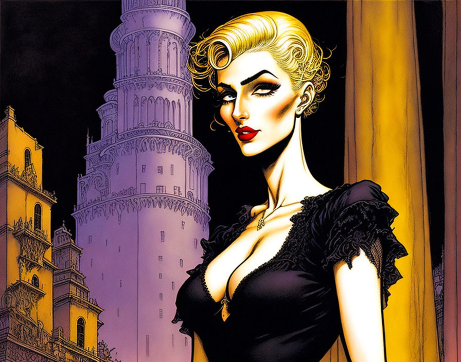 Blonde woman in black dress before ornate tower at night