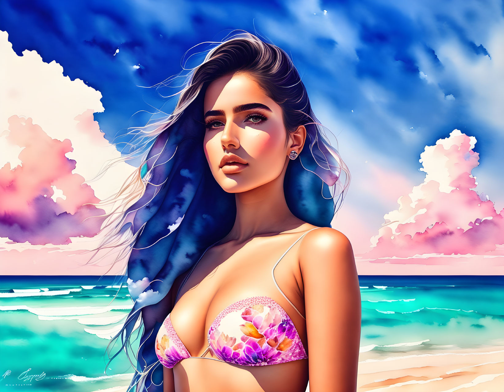 Digital artwork: Woman with flowing hair in floral bikini on vibrant beach.