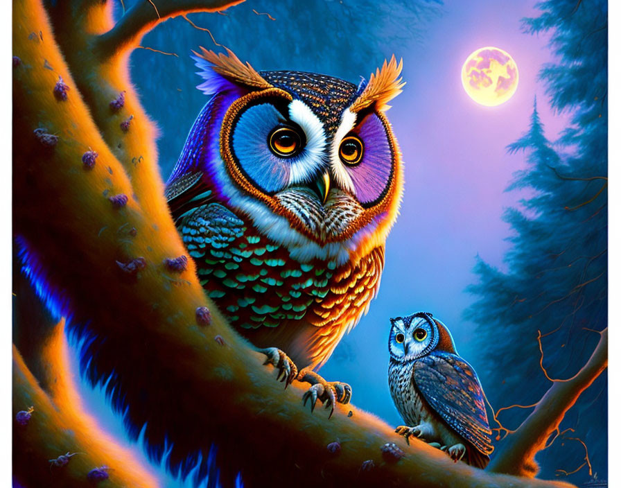 Colorful Owl Illustration on Branch in Nocturnal Forest Setting