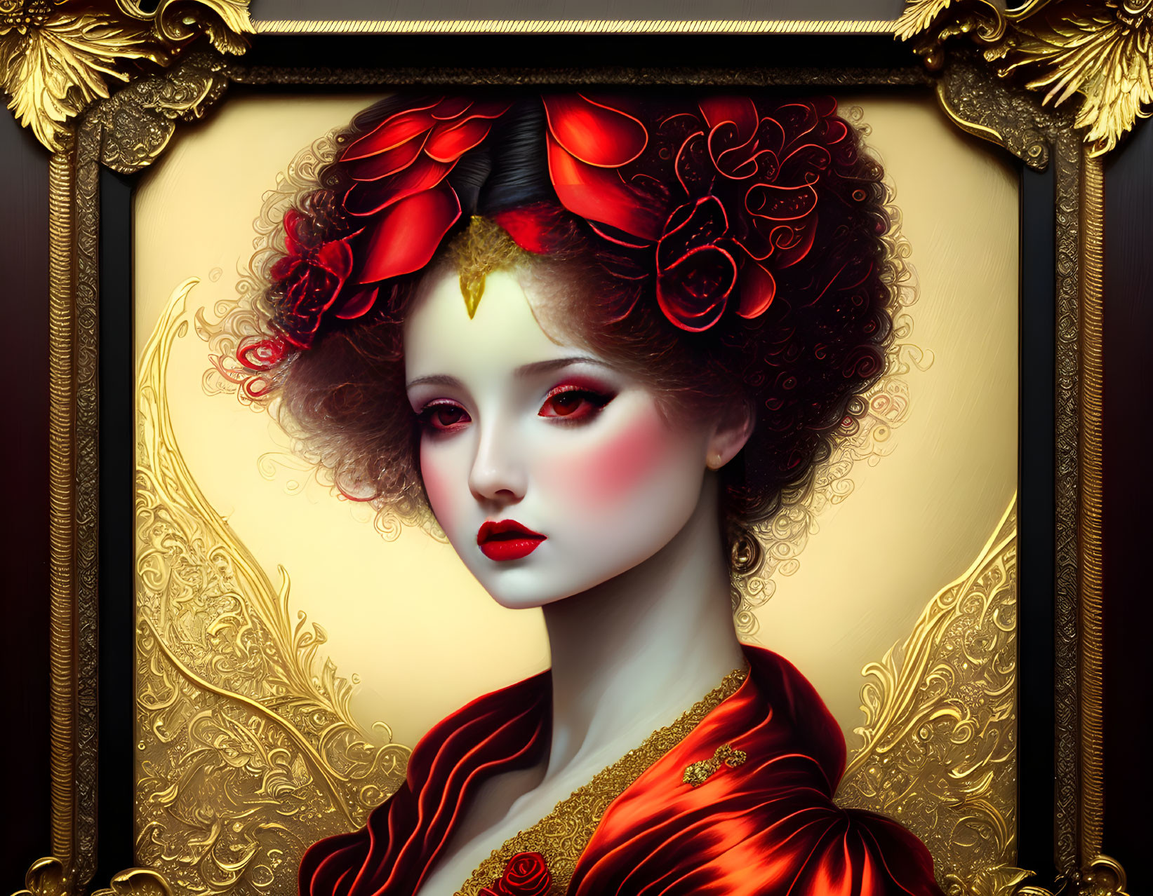 Stylized red-haired woman in red dress with golden wings in ornate frame