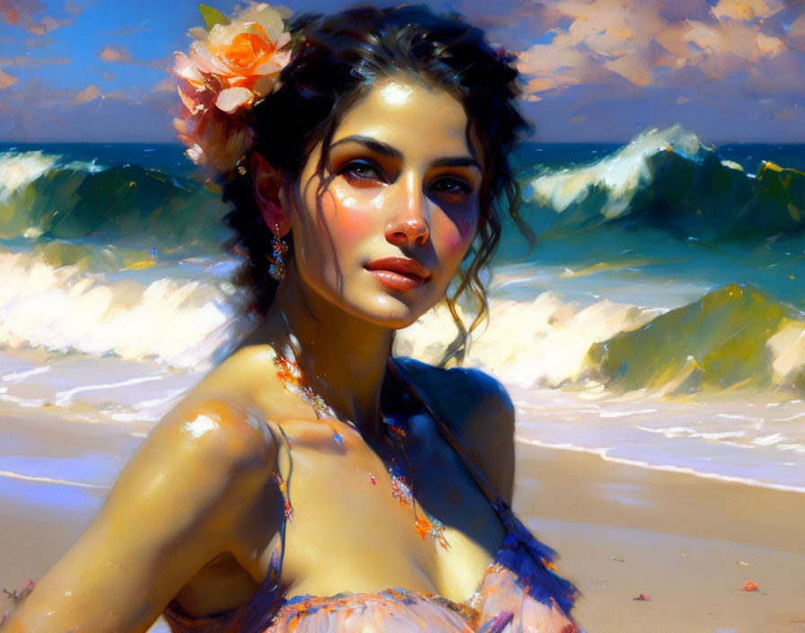 Woman with Flower in Hair on Sunny Beach with Rolling Waves