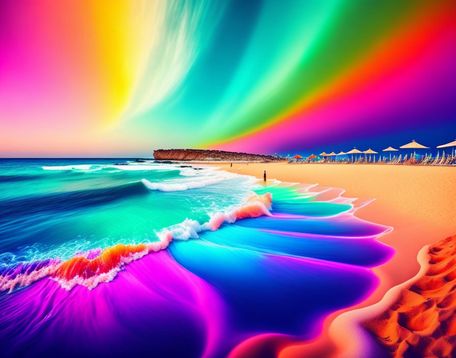 Colorful Beach Scene with Neon Waves and Rainbow Sky