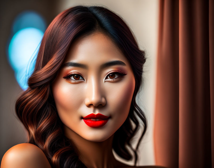 Stylish woman with red lipstick and striking eye makeup in digital portrait