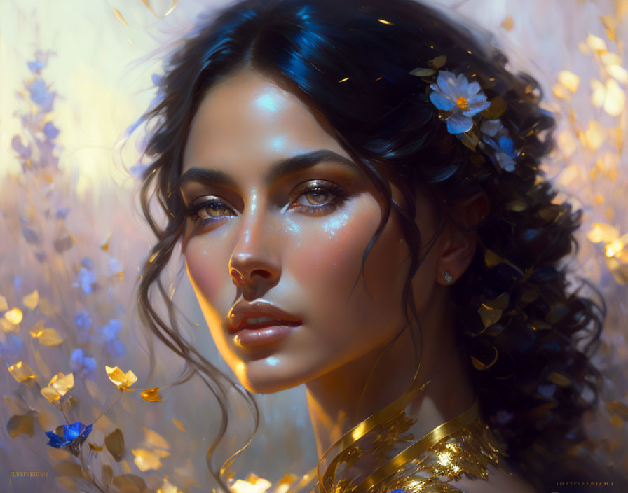 Digital portrait of woman with dark hair, blue flowers, and golden leaves.