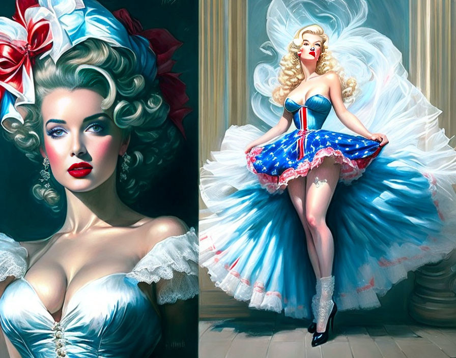 Illustrated diptych of woman with voluminous blonde hair in blue dress with red bow, close