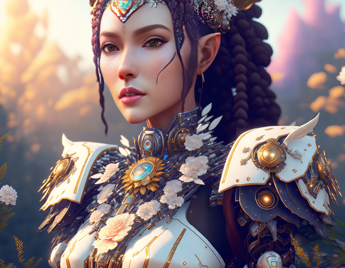 Fantasy elf warrior digital portrait with gold and white armor