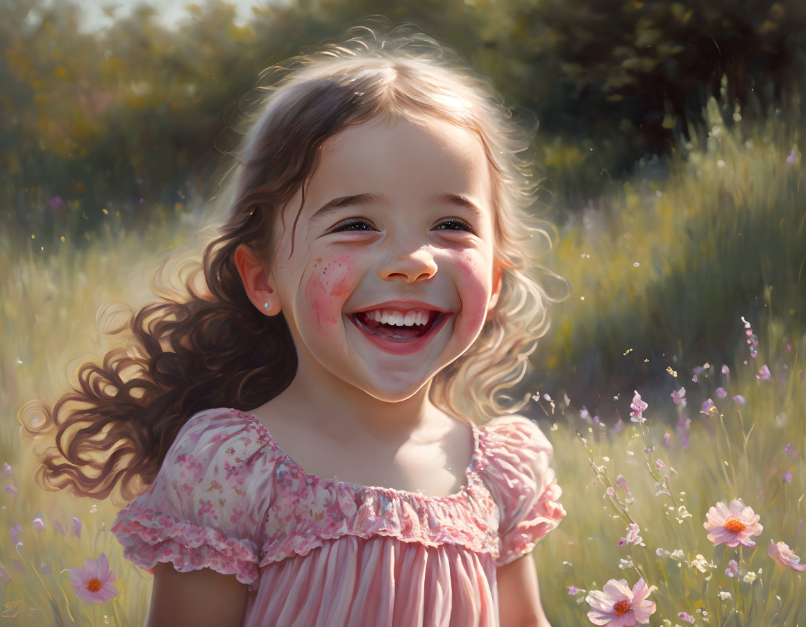 Curly-Haired Girl Smiling in Meadow with Wildflowers