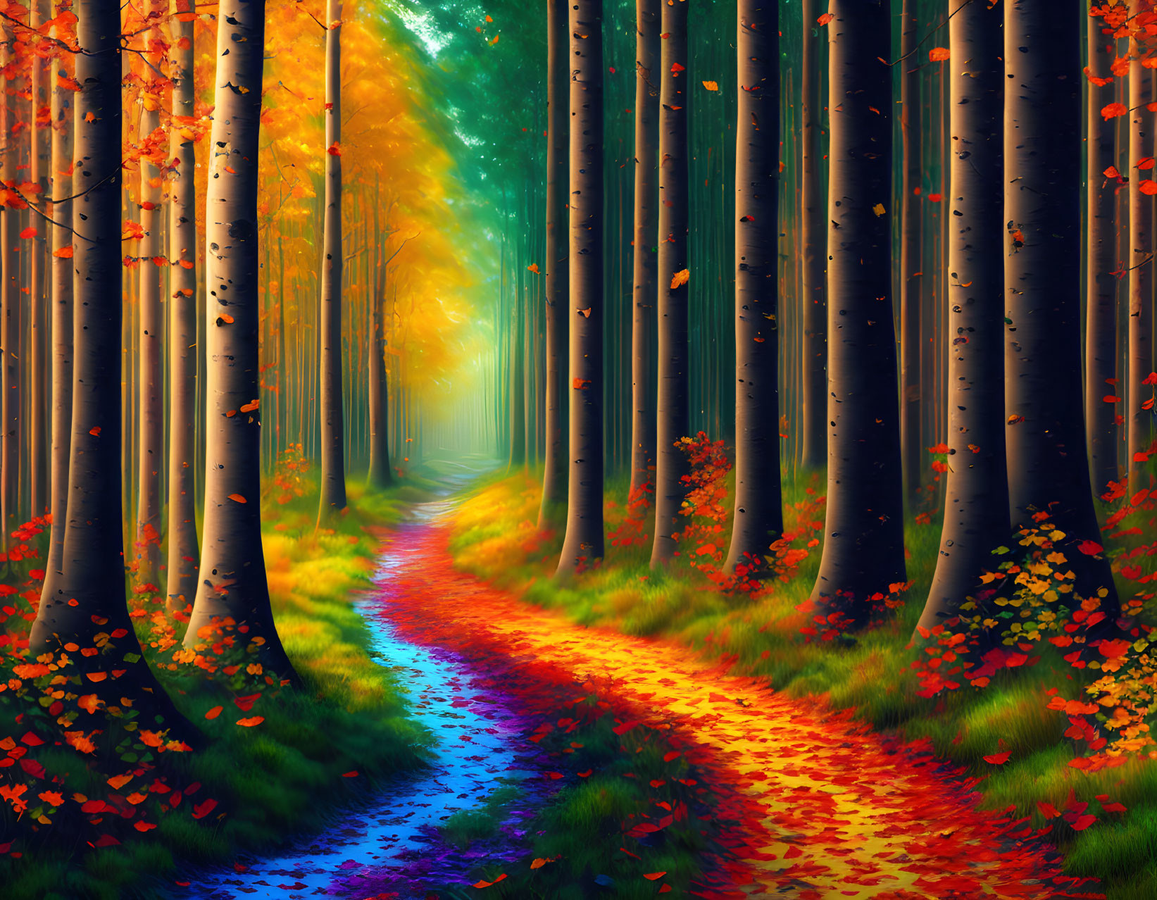 Colorful Autumn Forest with Winding Path and Tall Trees