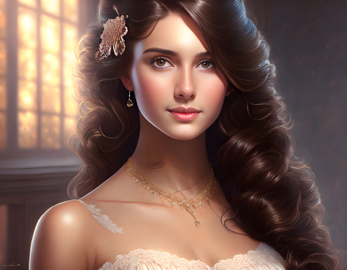 Elegant digital portrait of a woman with wavy brown hair in off-shoulder dress