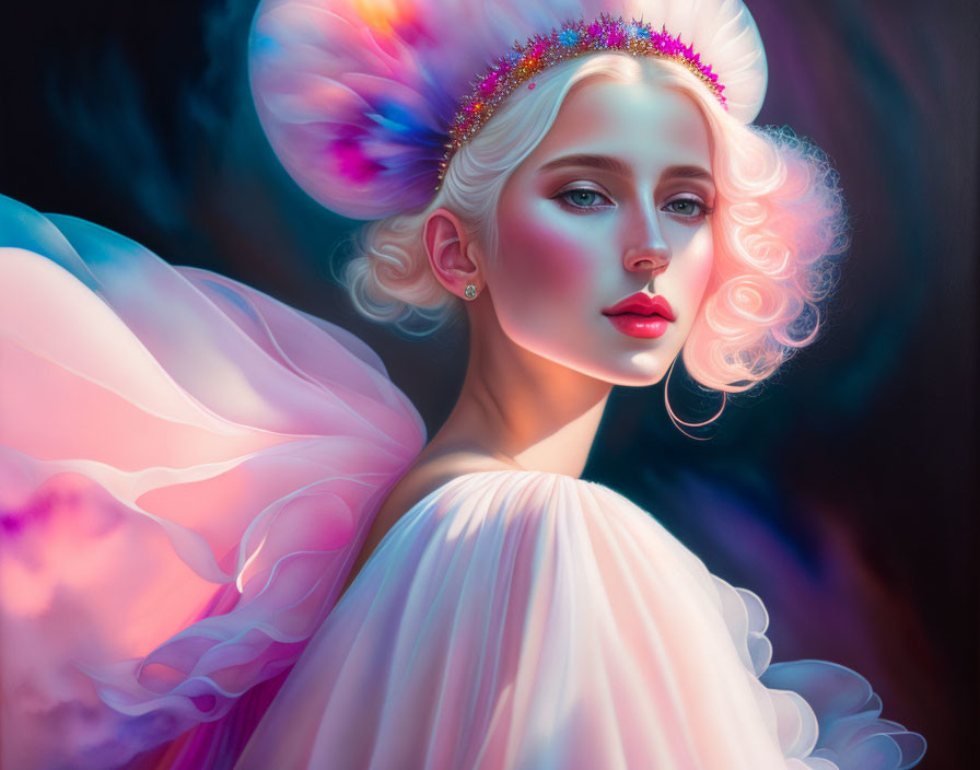 Digital artwork: Woman with angelic features, halo, translucent wings in soft, colorful glow