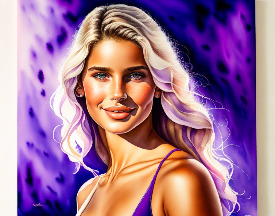 Blonde Woman Portrait with Blue Eyes on Purple Background