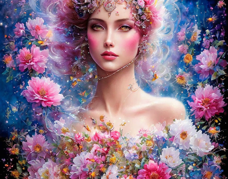 Colorful portrait of a woman with floral elements