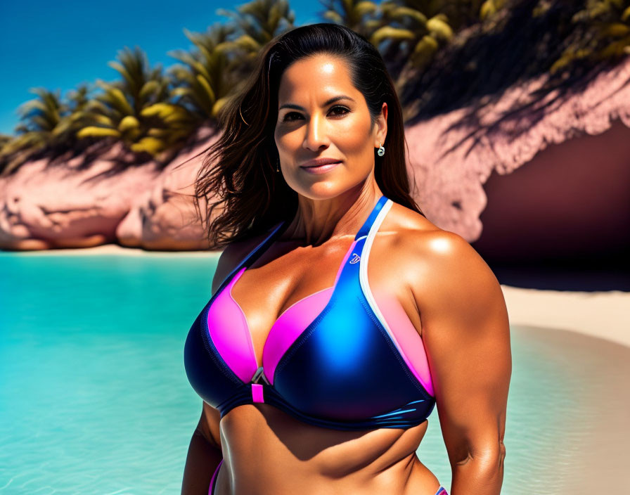 Colorful Bikini Beach Portrait: Confident Woman Amidst Palm Trees