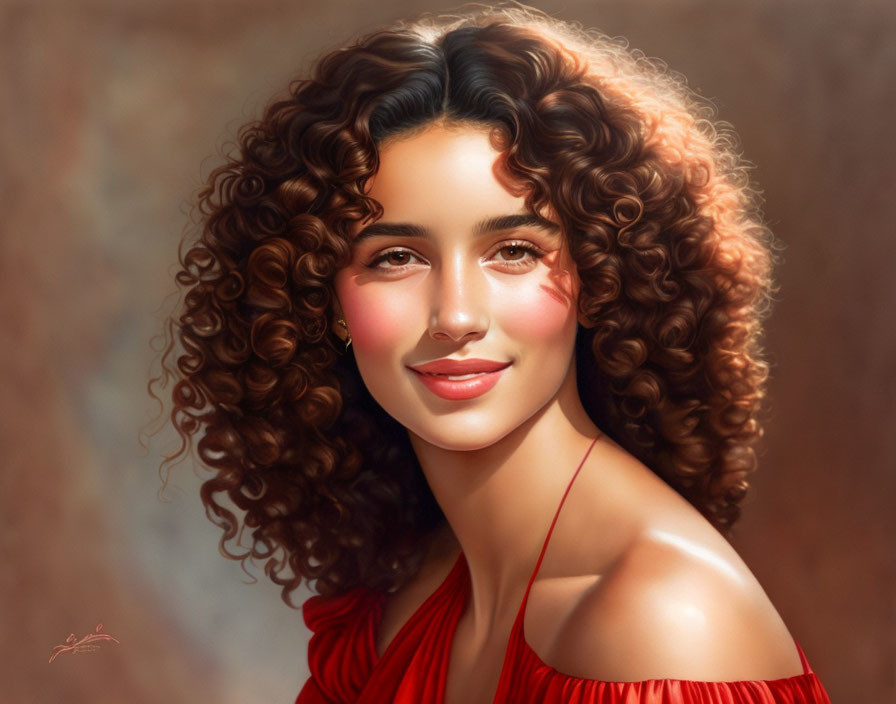 Smiling woman with curly hair and red top radiates warmth