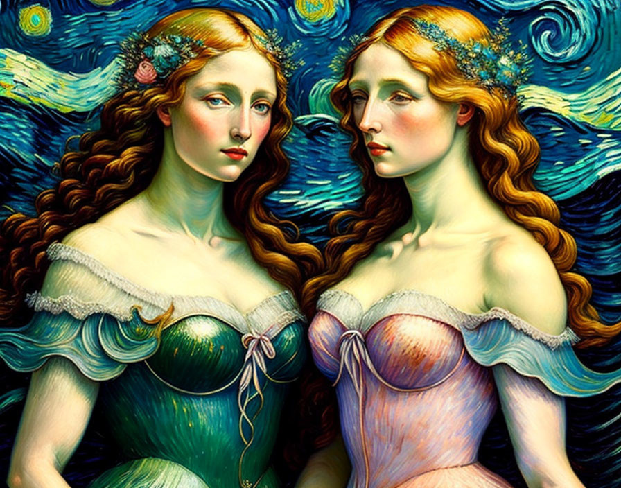 Two women with flowing hair and ornate hairpieces against a swirl-patterned blue background in oceanic