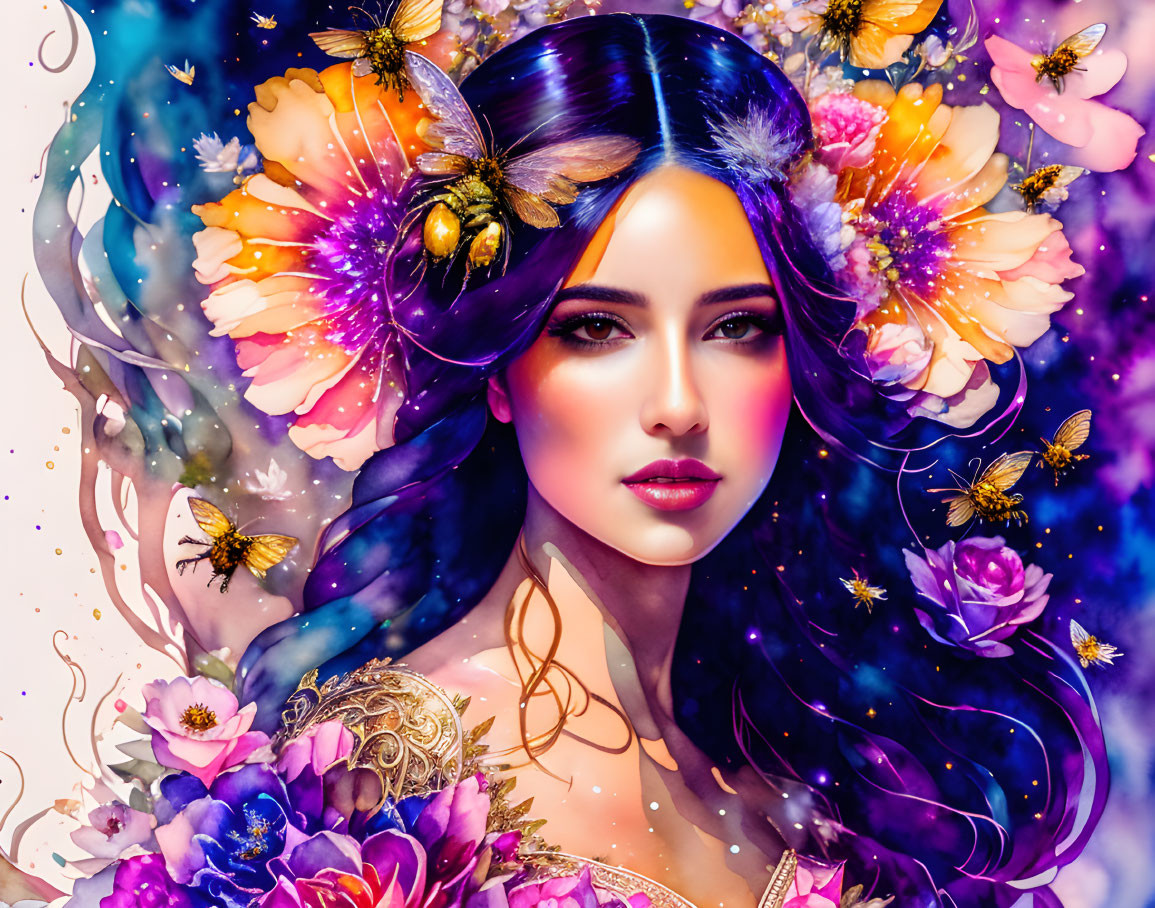 Illustration of woman with purple hair and butterflies in colorful floral scene